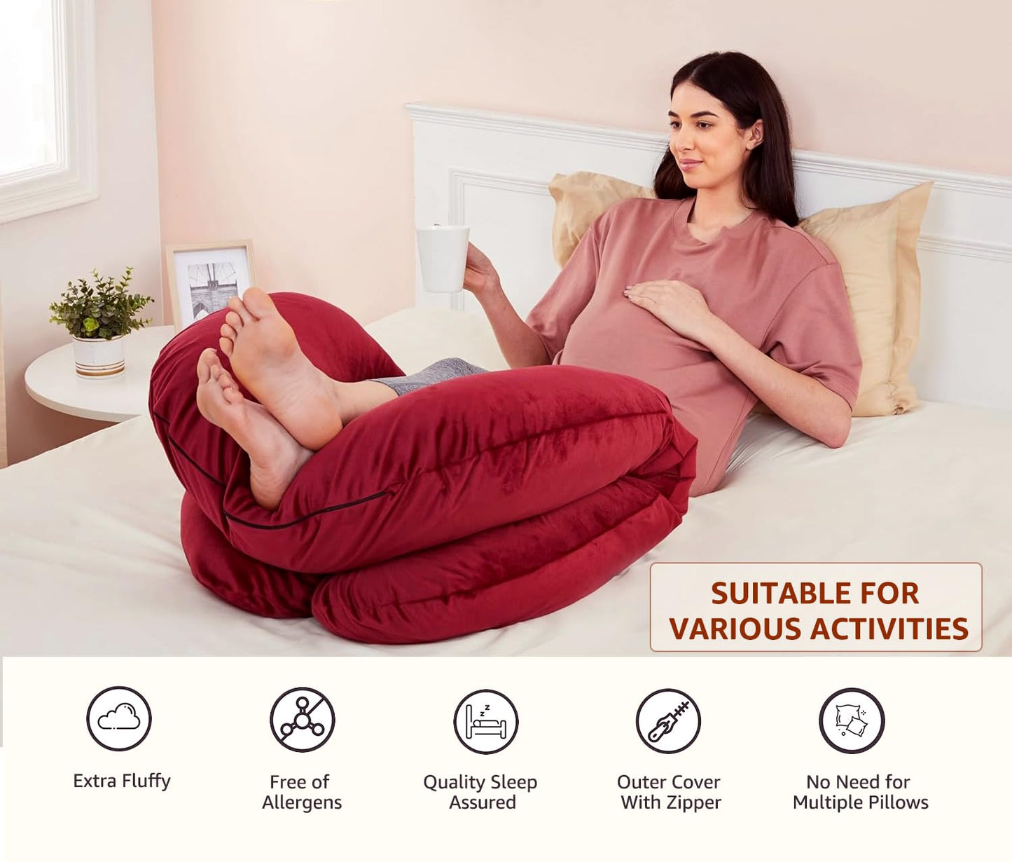 U Shape Fully Comfortable Microfibre Solid Pregnancy Pillow (Maroon)