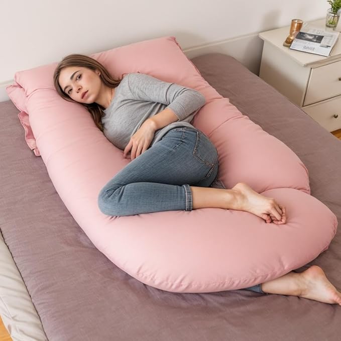 J Shape Fully Comfortable Microfibre Solid Pregnancy Pillow for Women (Pink)