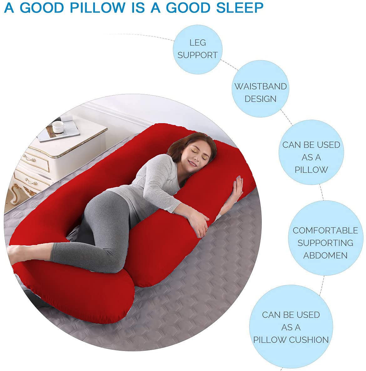 J Shape Comfortable Premium Quality Pregnancy Pillow For Women (Red)