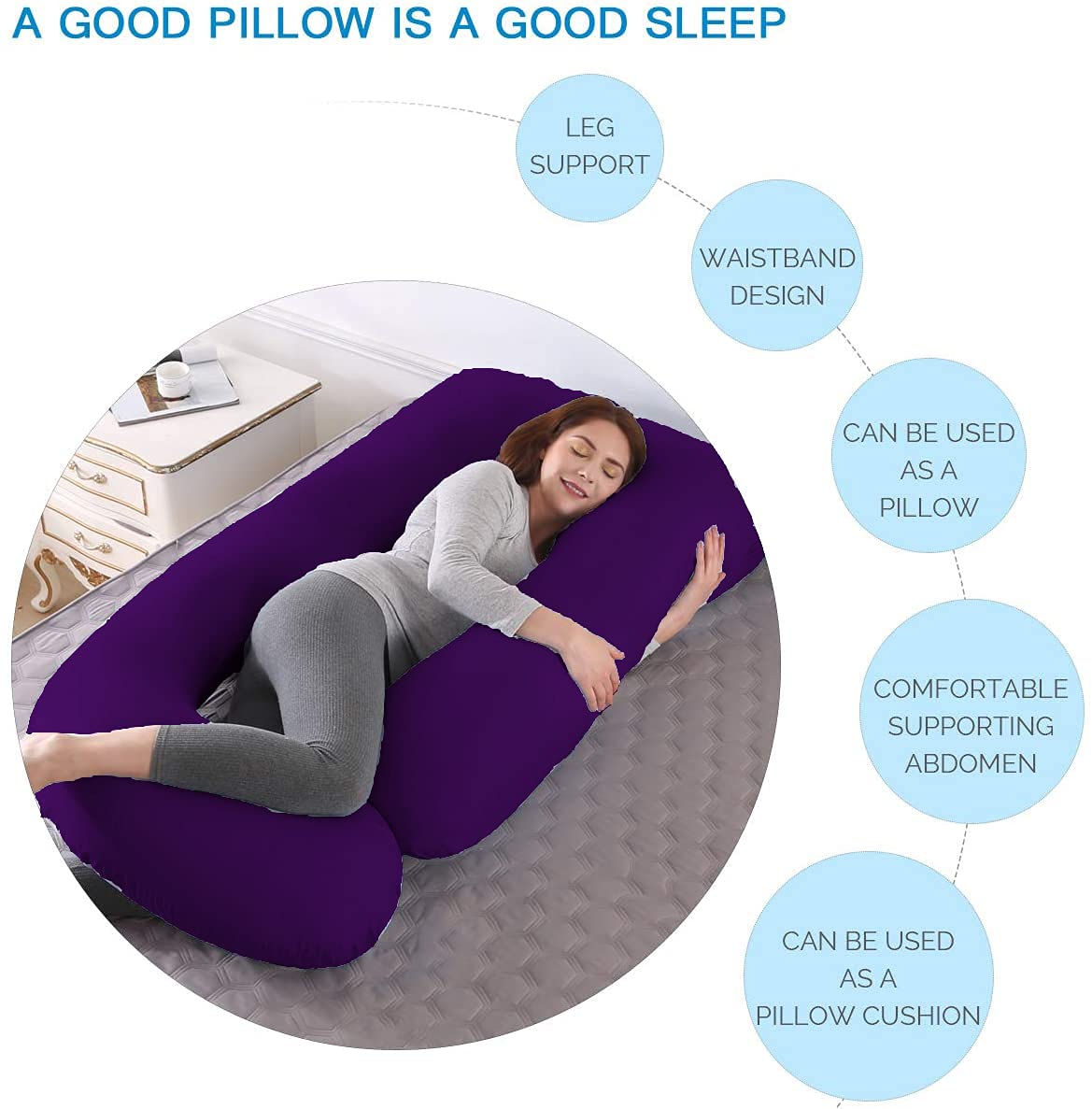 J Shape Fully Comfortable Microfibre Solid Pregnancy Pillow (Purple)