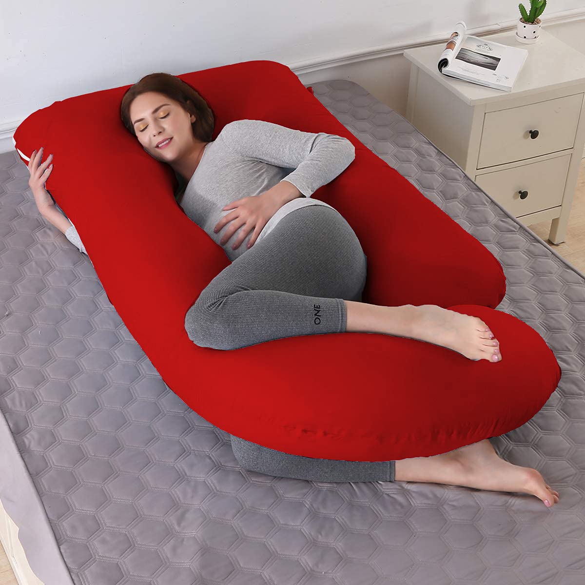 J Shape Comfortable Premium Quality Pregnancy Pillow For Women (Red)