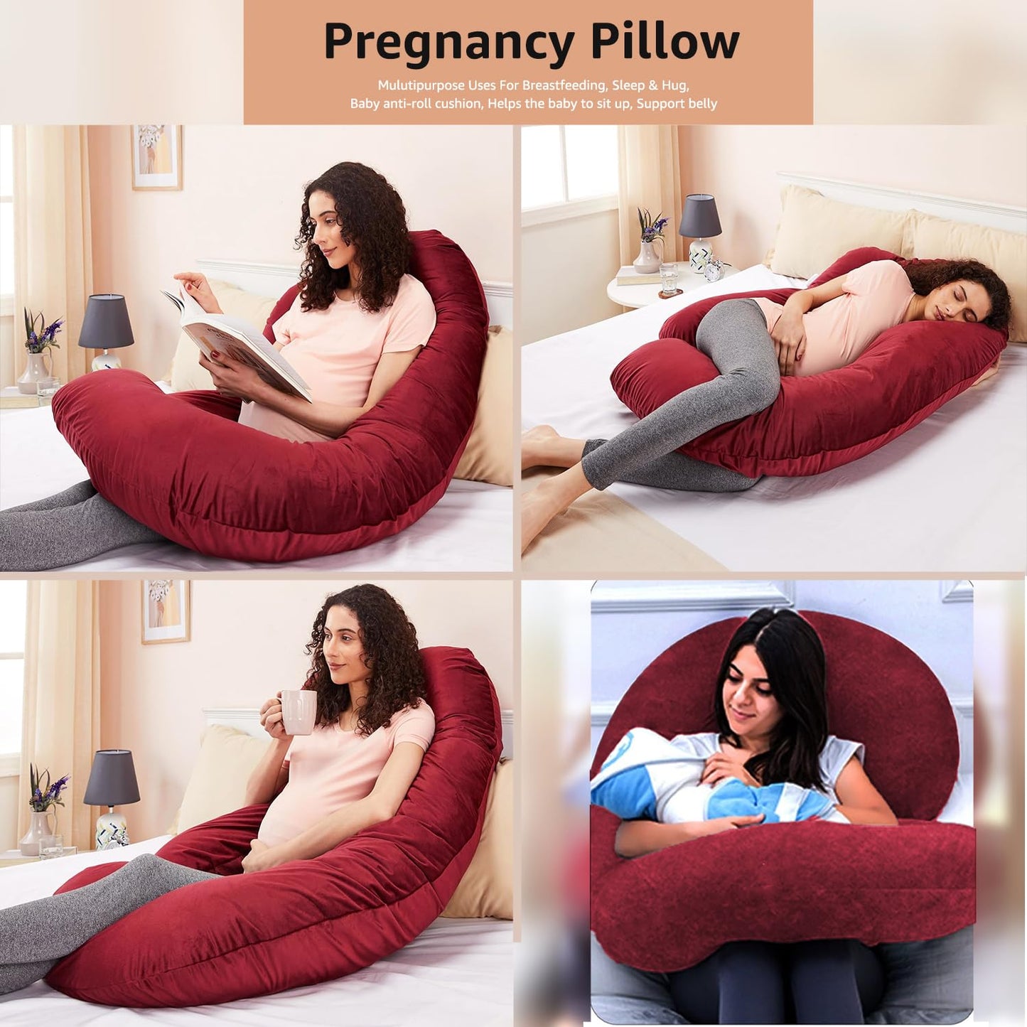 J Shape Pregnancy Pillow for Women (Maroon)