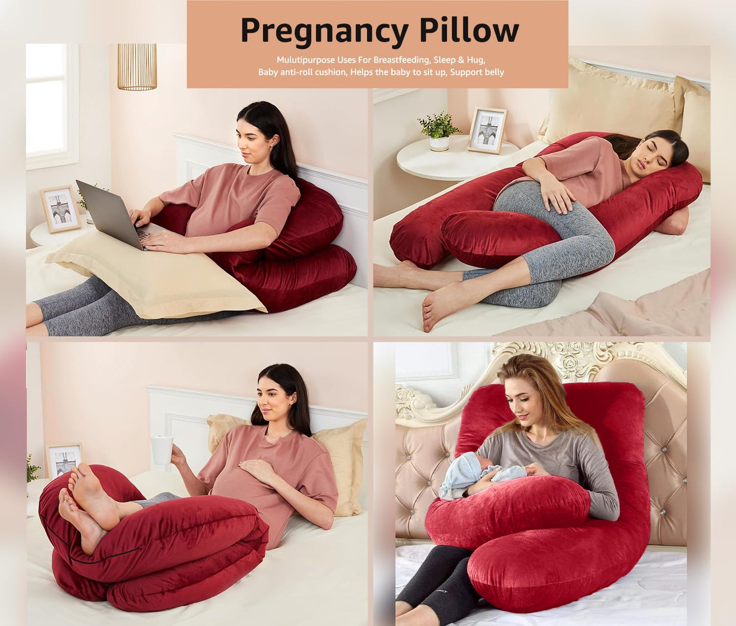 U Shape Fully Comfortable Microfibre Solid Pregnancy Pillow (Maroon)