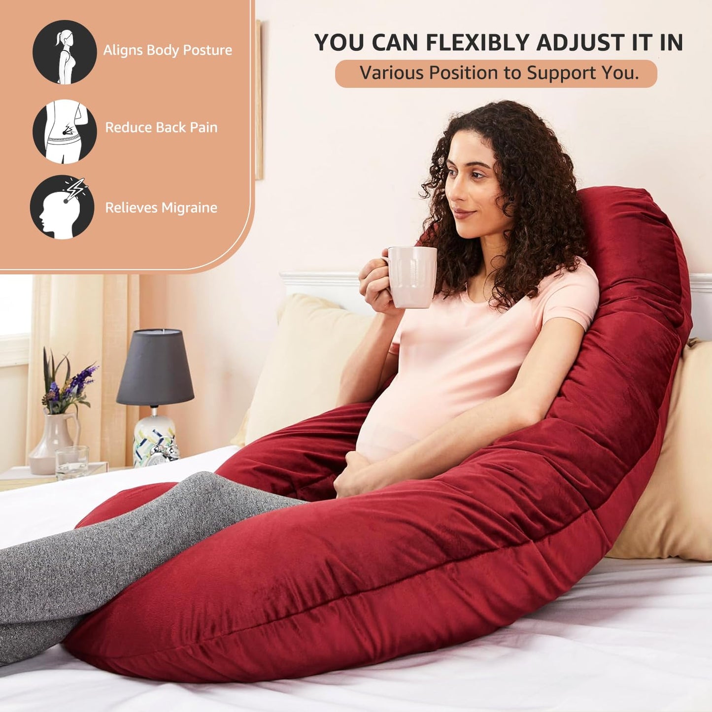 J Shape Pregnancy Pillow for Women (Maroon)