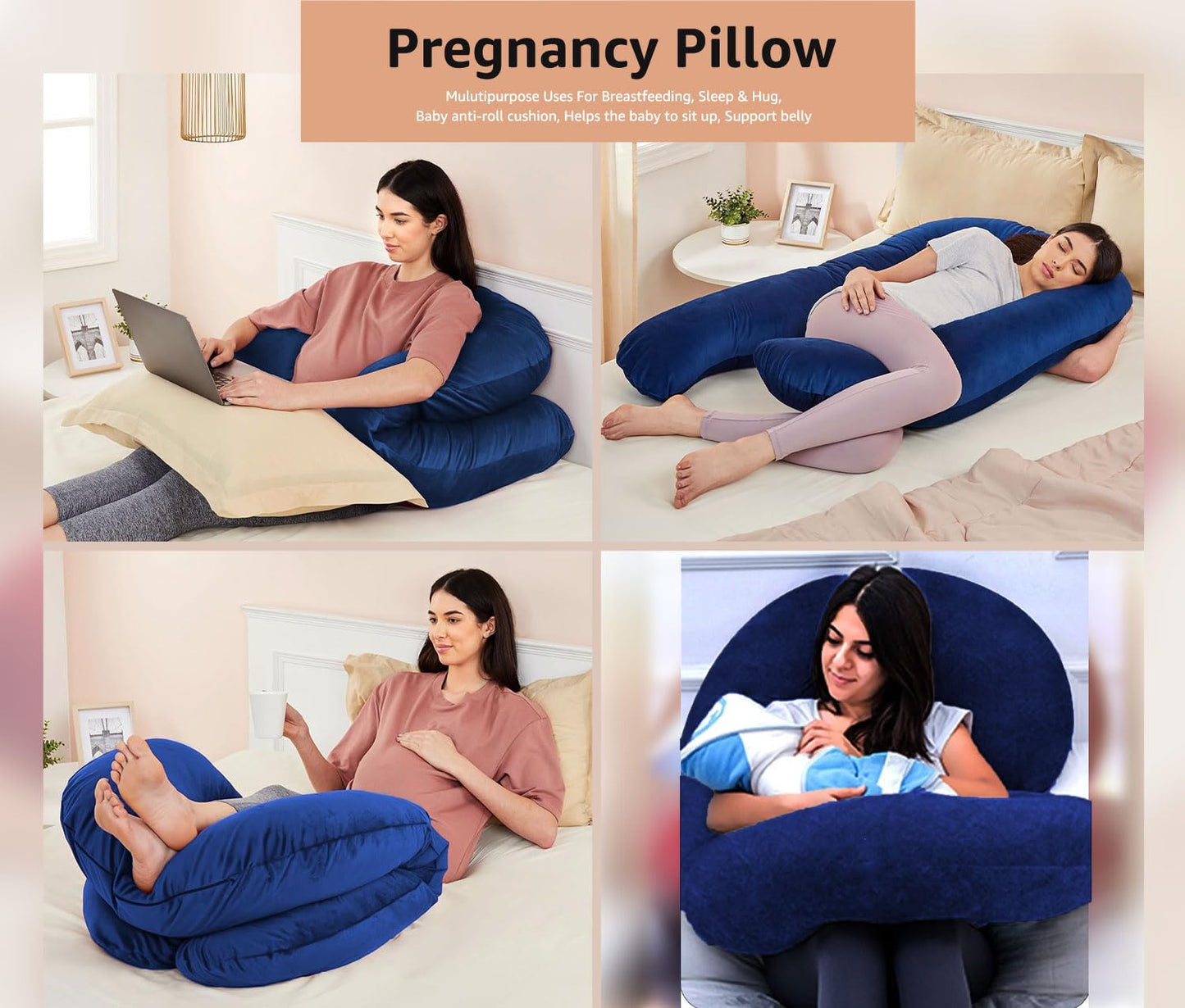 U Shape Fully Comfortable Microfibre Solid Pregnancy Pillow (Blue)