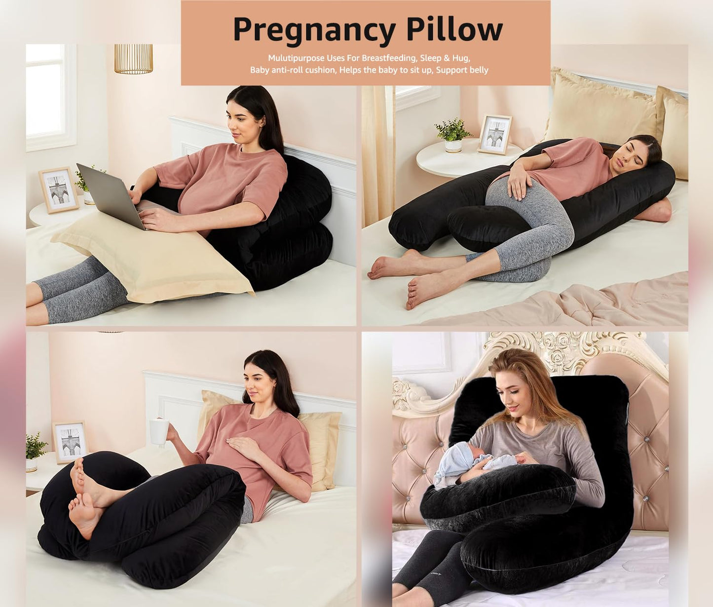 U Shape Fully Comfortable Microfibre Solid Pregnancy Pillow for Women (Black)