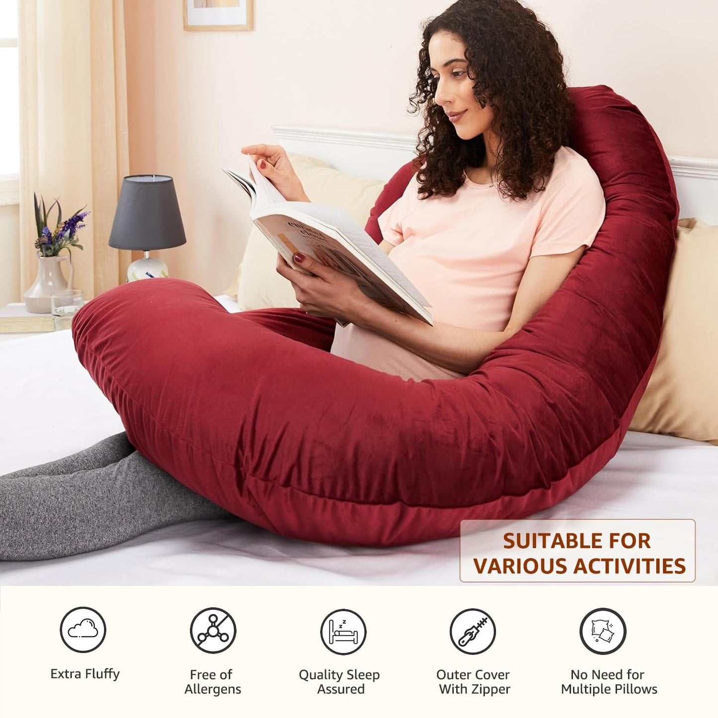 J Shape Pregnancy Pillow for Women (Maroon)