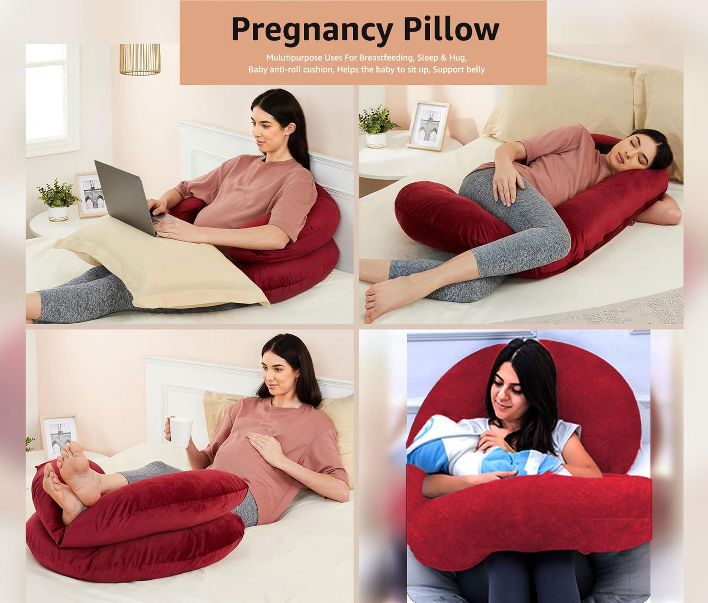 C Shape Fully Comfortable Microfibre Solid Pregnancy Pillow (Maroon)