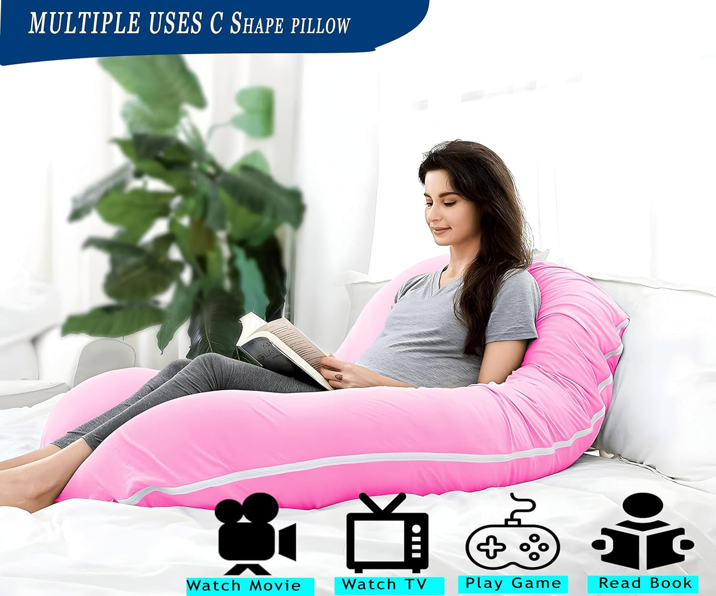 C shape Fully Comfortable Microfibre Solid Pregnancy Pillow for Women (Pink)