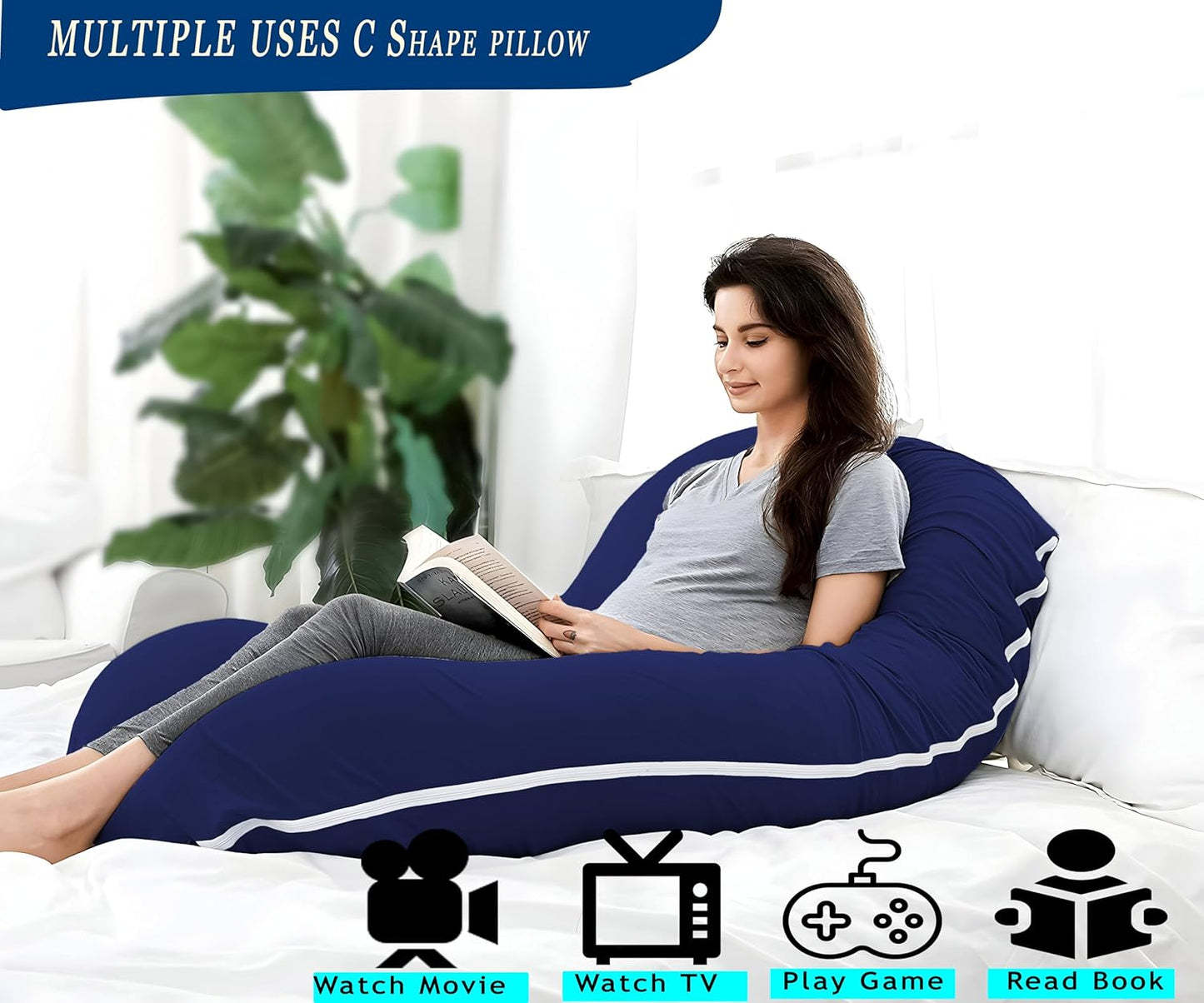 C Shape Comfortable Microfibre Solid Pregnancy Pillow (Blue)